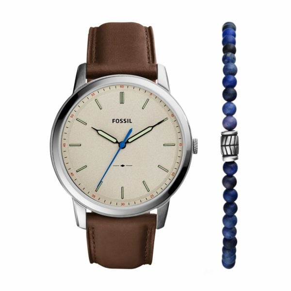 Fossil Men's Minimalist Three-Hand Brown Eco Leather Watch and Bracelet Set - FS5966SET